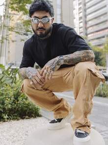 Men's Cargo Jeans With Multiple Pockets And No Elastane. - Orange - View 3