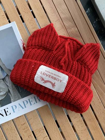 1pc Unisex Y2K Style Knit Beanie Hat With Cat Ear Design, Outdoor Warm Winter Cap For Casual Commute