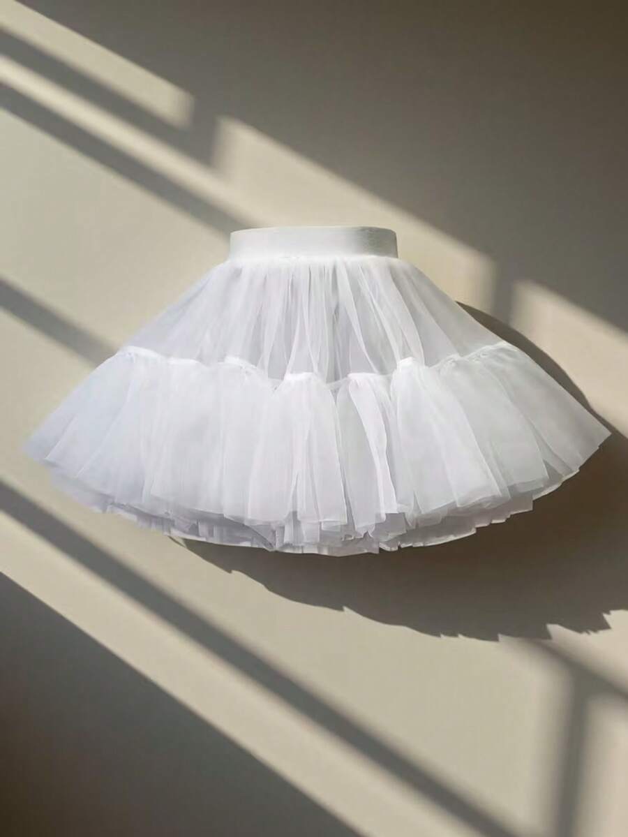 女童白色网纱蓬蓬裙，适合生日派对、公主裙内衬、日常穿着，蓬松百搭的儿童蛋糕裙 - 白色 - 查看 1