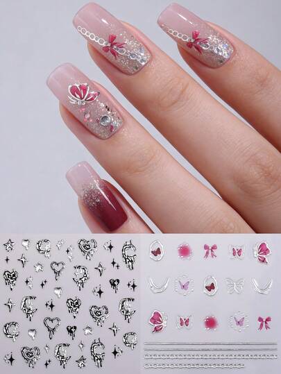 2 st söta, edgy nagelkonstklistermärken, 3D-fjärilar och hjärtan självhäftande nagelkonstdekaler lämpliga för kvinnors gör-det-själv-nagelkonstmaterial.