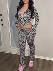 LovelyWholesale Women'S Cute Hooded Long Sleeved Letter Leopard Print Zipper Jacket And Flared Pants Set Spring Break Outfits Summer Clothes Vacation Outfits - Army Green - View 2