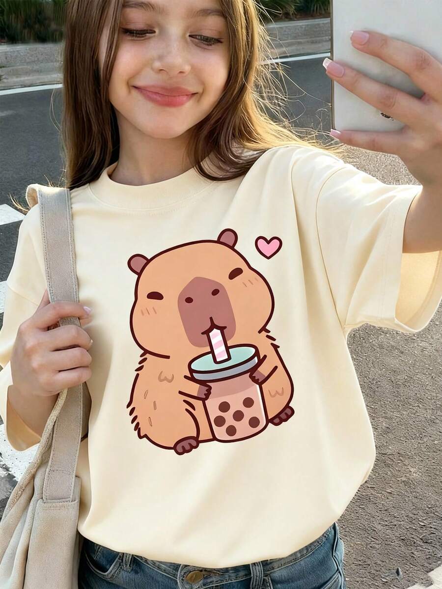 Teenage Girls' Cartoon Capybara Print Round Neck T-Shirt, Casual Soft Top For Spring & Summer - Apricot - View 1