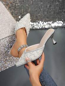 New Spring/Autumn Korean Style Minimalist Crystal & Faux Pearl Pointed Toe High Heel Pumps, Rhinestone Slim Stiletto Elegant Dress Shoes For Women - Silver - View 1