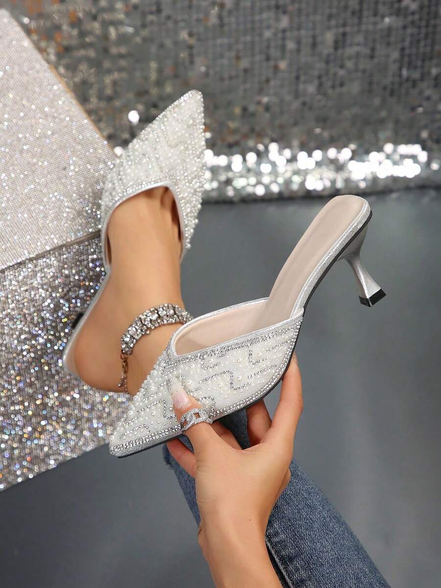New Spring/Autumn Korean Style Minimalist Crystal & Faux Pearl Pointed Toe High Heel Pumps, Rhinestone Slim Stiletto Elegant Dress Shoes For Women - Silver - View 1