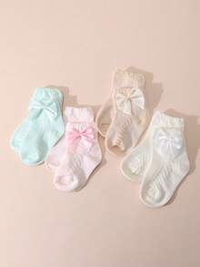 4 Pairs Baby Girls' Cotton Bow Decor Mesh Short Socks, Spring/Summer Daily Wear - Multicolor - View 6