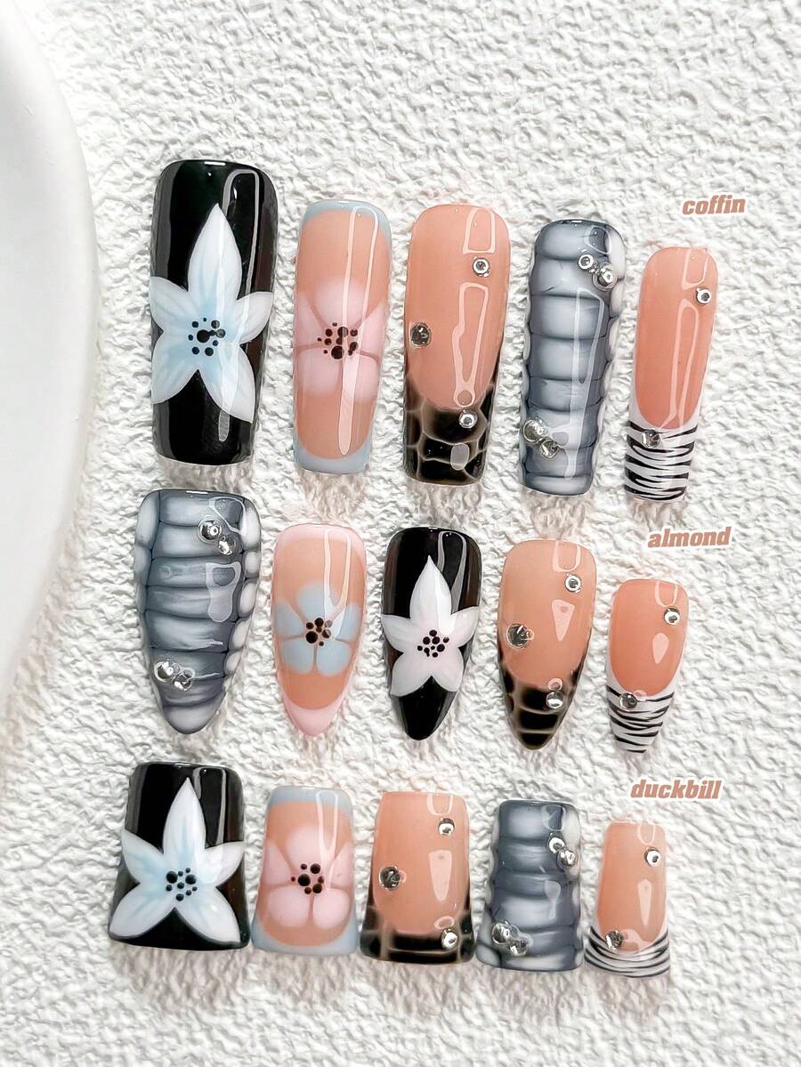 Bộ 10 miếng dán móng tay kiểu Pháp cổ điển, móng giả acrylic, họa tiết ngựa vằn xám trắng vẽ tay, họa tiết hoa 5 cánh màu xanh dương, họa tiết hoa 5 cánh màu trắng vẽ tay, sơn móng tay đen trắng, món quà lý tưởng cho phụ nữ và bé gái yêu thích nghệ thuật làm móng, bao gồm dụng cụ làm móng (1 miếng dán gel + 1 dũa móng). - Nhiều màu - Xem 1