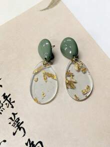 1 Pair Luxurious Fashionable Retro Hong Kong Style Creative Gold-Plated Fan-Shaped Minimalist Earrings, Delicate Geometric Asymmetrical Textured Design (Random Tie Dye Texture) - Multicolor - View 7