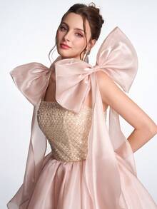 Anymoon Fairy 奢华甜美性感露背薄纱蝴蝶结立体缎面3D蕾丝串珠镂空系带后背褶皱薄纱舞会礼服，适合婚礼招待会、订婚派对、毕业舞会、公司晚宴、斋月庆祝活动 - 香檳色 - 查看 8