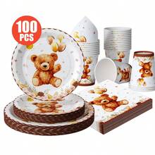 25pcs Teddy Bear Themed Disposable Tableware Set, Including Plates, Napkins, Cups, Suitable For Birthday, Wedding, Party, Family Picnic - Multicolor - View 1