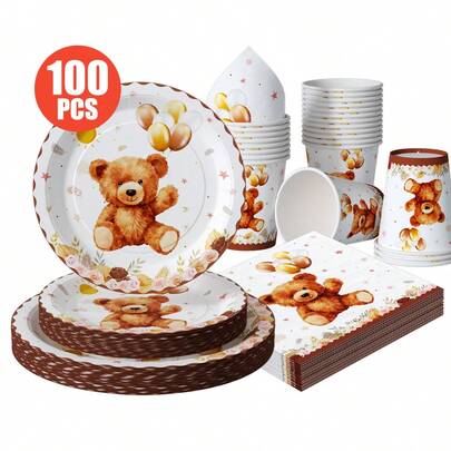 25pcs Teddy Bear Themed Disposable Tableware Set, Including Plates, Napkins, Cups, Suitable For Birthday, Wedding, Party, Family Picnic