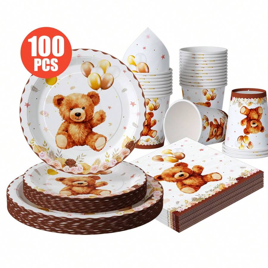 25pcs Teddy Bear Themed Disposable Tableware Set, Including Plates, Napkins, Cups, Suitable For Birthday, Wedding, Party, Family Picnic - Multicolor - View 1