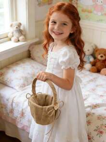1PC Burlap Wedding Flower Girl Basket Double Heart And Bowknot For Vintage Rustic Wedding Baby Shower Party - Multicolor - View 6