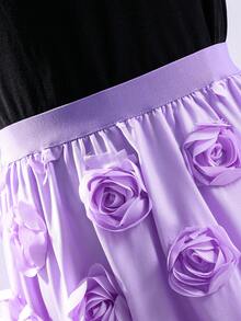 Set de 2 piezas Conjunto de niña preadolescente de estilo princesa dulce: Falda larga con adornos florales + Blusa de manga abullonada con cuentas, Moda para el verano - Morado - Ver 6