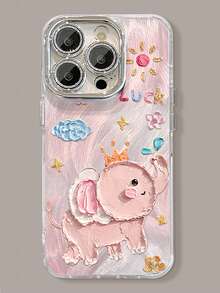 1pc Glitter Coated Elephant Painted Phone Case With 3D Metal Stand, Compatible With IPhone 11/12/13/14/15/16/17/Pro Max - Pink - View 3