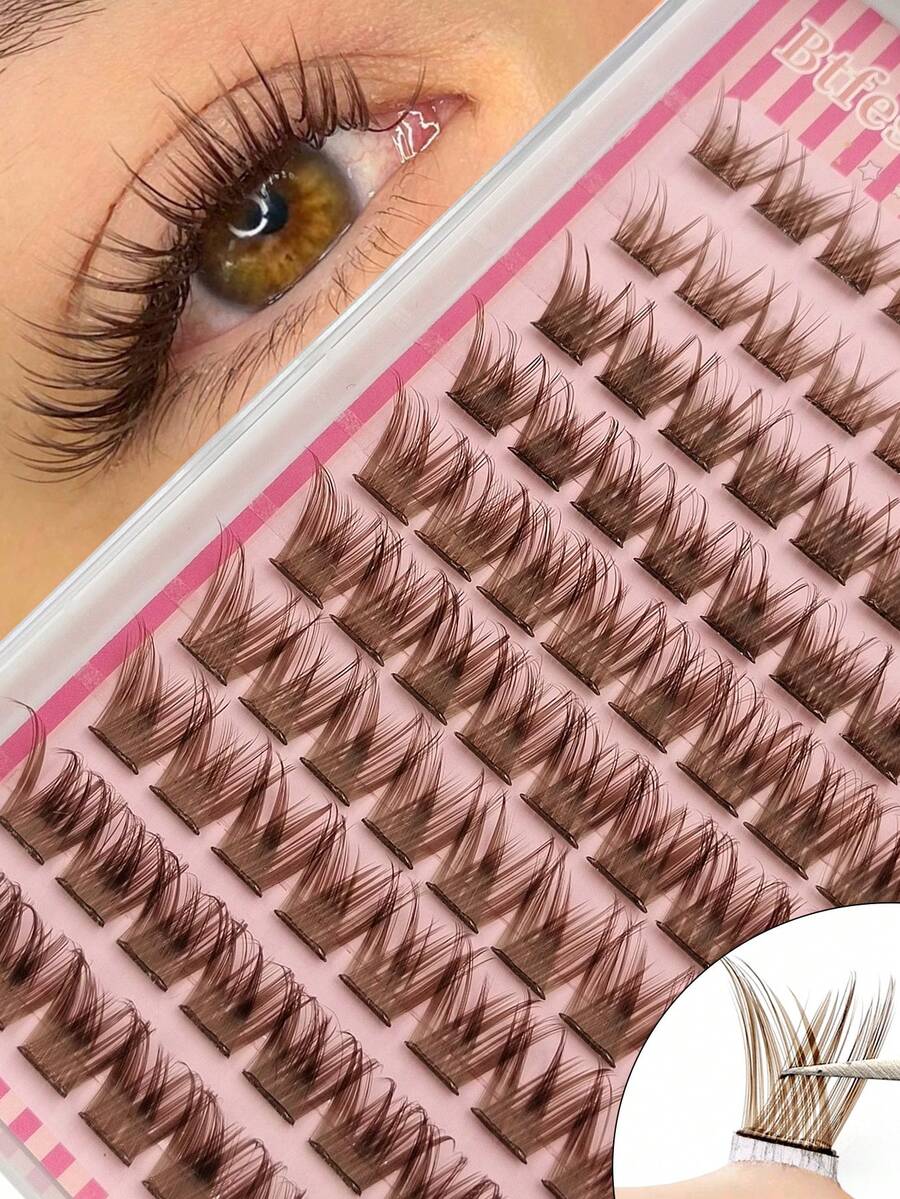 Rikuaild 100pcs Brown Glue-Free False Eyelashes, DIY Cluster Fake Lashes, Natural Looking, Fluffy & Soft, Criss-Cross Lengthening Lashes, For Everyday Makeup - D - View 1