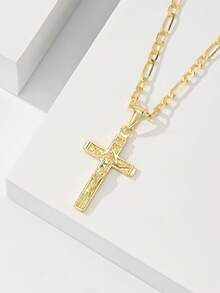 1件经典欧美风格铜质耶稣十字架吊坠项链，限量版，带护身符，适合圣诞节/感恩节/万圣节/母亲节/情人节送给情侣/朋友/信徒，天主教初领圣体礼物，日常及节日佩戴祈祷。 - 金黃色 - 查看 4