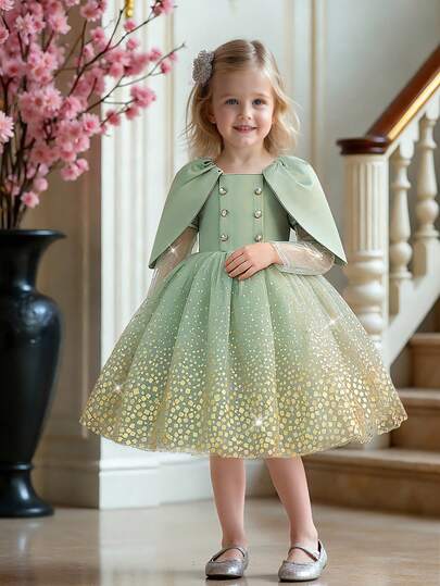 Young Girls' Square Neck Long Sleeve Foil Mesh Satin Elegant Ball Gown Dress, Suitable For Formal Dinner, Runway, Evening Party, Excluding Headband