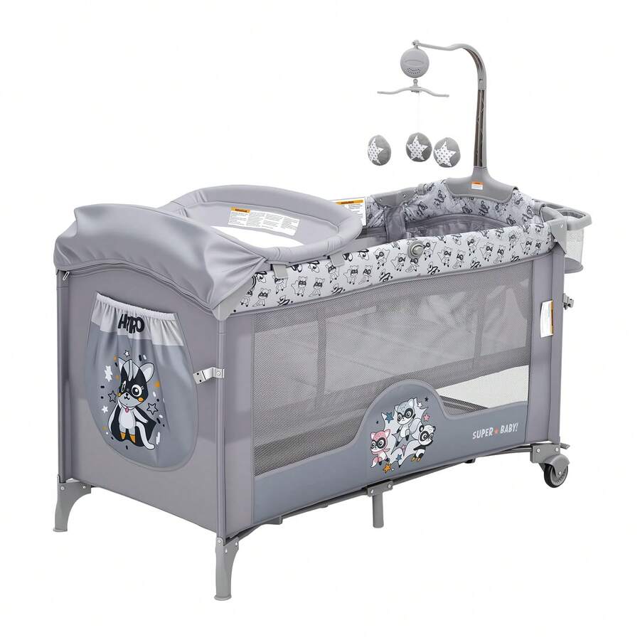 Cuna Colecho Portátil para Bebé Cuatro en Uno Pack and Play con Cambiador Ruedas Mesa de Juegos y Almacenaje - Gris Claro - Ver 1