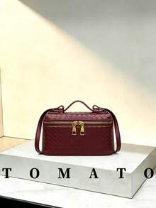 1pc Fashion Women's Crossbody Bag, Solid Color Square Handbag, Box-Shaped, PU Leather Woven Texture, Zipper Closure, Adjustable Strap, Casual Daily Bag Suitable For Young Women - Travel, Work, Shopping, Dating, Gift, Office - Burgundy - View 6