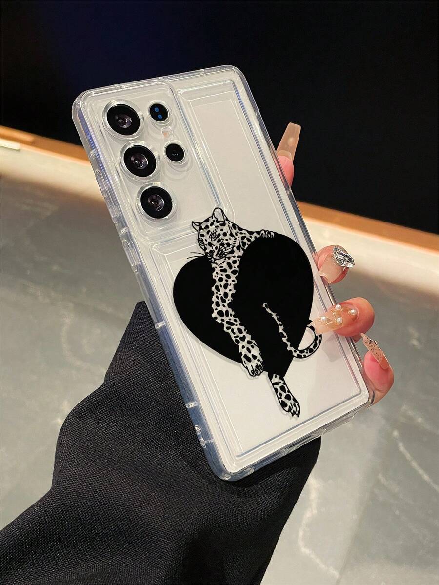 1pc Heart & Leopard Pattern Cushion Transparent Anti-Fall TPU Phone Case, Suitable As Holiday Gift, Compatible With Samsung Phones, Unisex - Multicolor - View 1