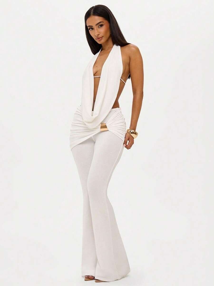 Ladies' Age Reduction And Slimming Style, Fashionable Hanging Neck And Swinging Collar, Backless Tied Rope Top, Metal Buckle Micro Flared Pants Two-Piece Set - White - View 1