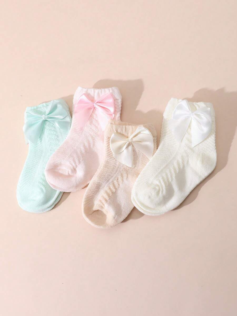 4 Pairs Baby Girls' Cotton Bow Decor Mesh Short Socks, Spring/Summer Daily Wear