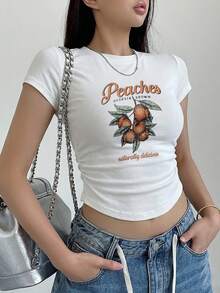女士蜜桃印花常规肩部T恤，修身高腰短袖上衣，欧美风，夏季 - 白色 - 查看 1