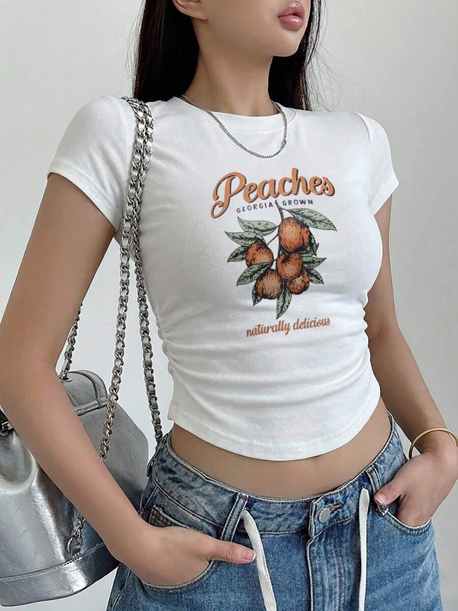 女士蜜桃印花常规肩部T恤，修身高腰短袖上衣，欧美风，夏季 - 白色 - 查看 1