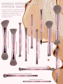 MAANGE 18pcs Makeup Brush Set Includes 13 Double-Ended Brushes + 5 Makeup Sponges, Gift Box, Blush Brush, Powder Brush, Eyeshadow Brush, Concealer Brush, Highlighter Brush, Eyebrow Brush, Lash Brush, Lip Brush, Nose Contour Brush, Travel Makeup Brush Set Gift For Women And Girls - Pink - View 8