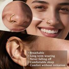 金鼻环 - 超细18号（6mm/8mm/10mm/12mm）鼻环 - 女士小巧18K镀金鼻部穿孔饰品 - 手工鼻环 - 可直接作为礼物赠送，适用于鼻孔、鼻中隔、耳软骨、耳廓、耳屏、耳廓、唇部、耳垂等部位的穿孔，316L不锈钢铰链式无缝耳环 - 彩色 - 查看 4