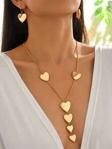 2pcs/Set Fashionable Metallic Geometric Heart Shaped Hammered Texture Graduated Size Exaggerated Extra Long Pendant Necklace & Earrings Set, Personalized Jewelry Set, Snake Bone Chain Y-Necklace, Pendant Necklace, Holiday Party Jewelry Set, Formal Dress Accessory Set, Valentine's Day Jewelry Set - Yellow Gold - View 5
