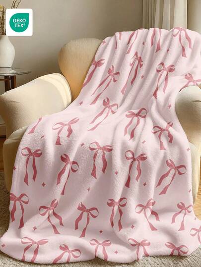 1pc Flannel Blanket - The Top Choice For Room Decor, Super Soft, Lightweight, Cartoon Print, Essential For Home, Daily Use, Suitable As Birthday Gift For Friends, Family Or Yourself. Comfortable And Warm, Soft And Easy To Maintain, Cute Style, Cartoon Pink Bow Pattern, Multipurpose Blanket, Room Decor, Blanket, Oeko-Tex Certified