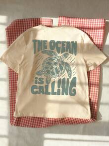 Women's Summer Vacation Ocean Life Letter Print Round Neck T-Shirt, Graphic Tee, White, Black, Pink