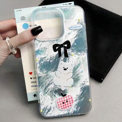 1 pièce Étui de téléphone créatif avec chien de dessin animé, nœud papillon tie-dye pailleté effet glacier, compatible avec les séries 11 12 13 14 15 16 17, convient comme cadeau pour la famille, les amis et diverses occasions