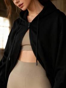 Women's Hooded Zipper Sweatshirt, Short Solid Color Sweatshirt Suitable For Fitness, Outdoor Sports And Casual Street Style, Spring/Summer - Black - View 3