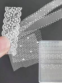 1个超薄蕾丝硅胶美甲模具 5D黑白蕾丝花朵法式格纹玫瑰图案指甲油填充模具 - 杏色 - 查看 1