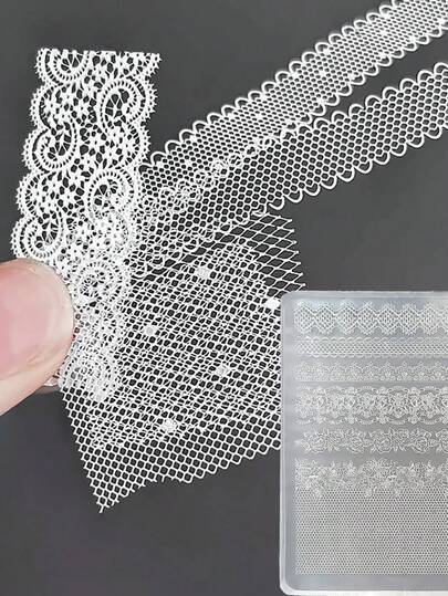 1个超薄蕾丝硅胶美甲模具 5D黑白蕾丝花朵法式格纹玫瑰图案指甲油填充模具