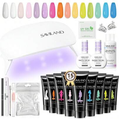  SAVILAND Color Artistry Glow & Go Poly Nail Gel Kit: 15 Colors Modern Impression Poly Nail Extension Gel Kit High-Strength Plant-Based DIY Nails Polygel Kit With U V Light Up To 4 Weeks Beginner