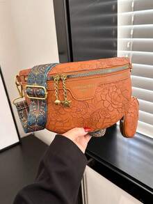 2pcs Set Embossed Waist Bag & Chest Bag, Fashion Chinese Style Handbags, Large Capacity - Brown - View 2