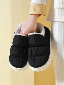 Men's Quilted Winter Slip-On Slippers, Thick Sole Low-Top Warm Indoor Slippers Boots, Soft Slip-On House Slippers - Black - View 6