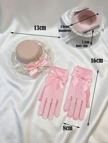 2件套薄纱蝴蝶结头饰+蝴蝶结手套，粉色薄纱迷你帽，婚礼摄影道具，婚礼装饰，派对拍照道具，婚礼配饰，花环，腕花，亲子套装 - 粉色 - 查看 4