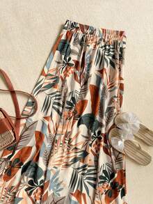 Women's Tropical Plant Print A-Line Maxi Skirt With Slit, Loose And Comfortable, Suitable For Spring/Summer Vacation - Multicolor - View 4