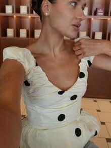 Women's Polka Dots Top Bubble Strap Sleeveless V Neck  Zip-Up Backless Elegant Shirt Ruffle Hem Going Out Blouse Top - trắng - Xem 7