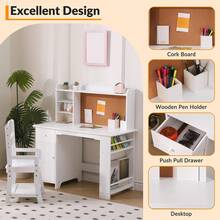 Kids Desk, Study Desk And Chair Set For Boys And Girl, Wooden Kids Writing Table With Bookshelf, Bulletin Board, Cabinet And Drawer For Ages 3-8 - White - View 4