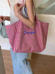 Personalized Name Canvas Tote Bag, Minimalist Plaid Canvas Bag, Friend Theme Birthday Party, Bridal Party, Bridal Shower, Bridesmaid Gift, Cosmetic Bag - Multicolor - View 2