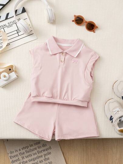 2pcs Set: Contrast Color Polo Collar, Butterfly Embroidery Sleeveless Top + Shorts, Knitted Fabric, Soft & Comfortable, Sweet Casual Style, Girls Daily Outfit, Summer