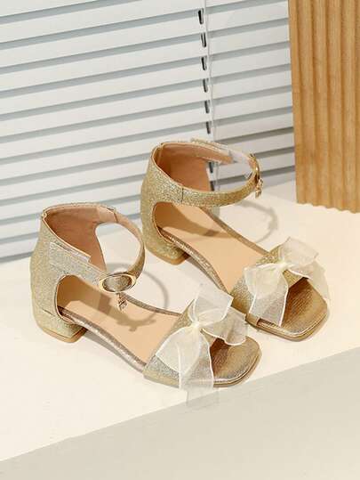 1 Pair Kids Low Heel Sandals With Bow Decor, Non-Slip Girls Dress Shoes, Flat Children Sandals