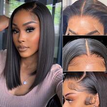 13x4蕾丝前额假发 直发短波波头假发 真人发假发 巴西预拔毛蕾丝前额真人发假发 女士真人发 - Natural Black - 查看 10