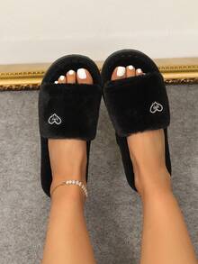 新款女士简约时尚爱心装饰毛绒露趾拖鞋，舒适蓬松室内家居拖鞋，适合卧室和客厅穿着，春秋季皆宜。 - 黑色 - 查看 5