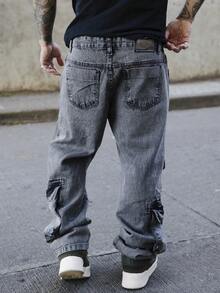 Men's Cargo Jeans With Multiple Pockets And No Elastane. - Màu đen vân đá - Xem 5